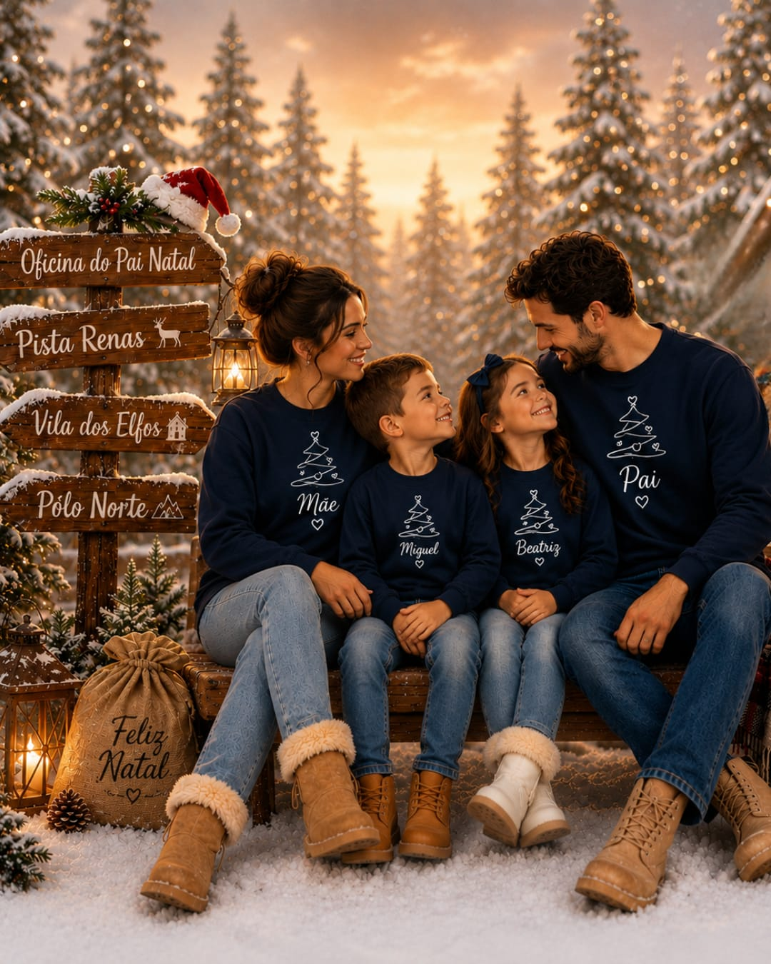 Família com sweatshirts personalizados de Natal